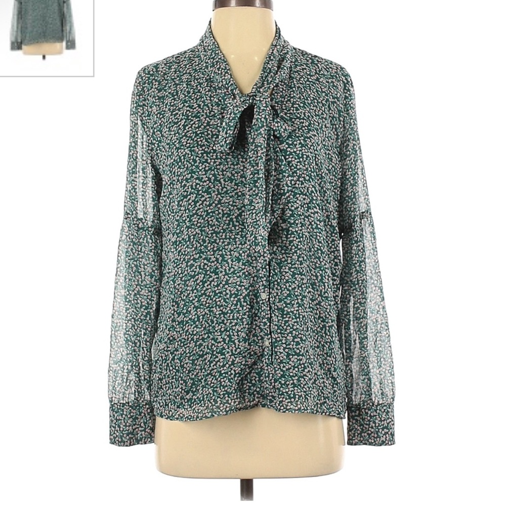 Loft Green Multi Cherry Floral Printed Sheer Long Sleeve Tye Neck Button Blouse - Picture 6 of 6